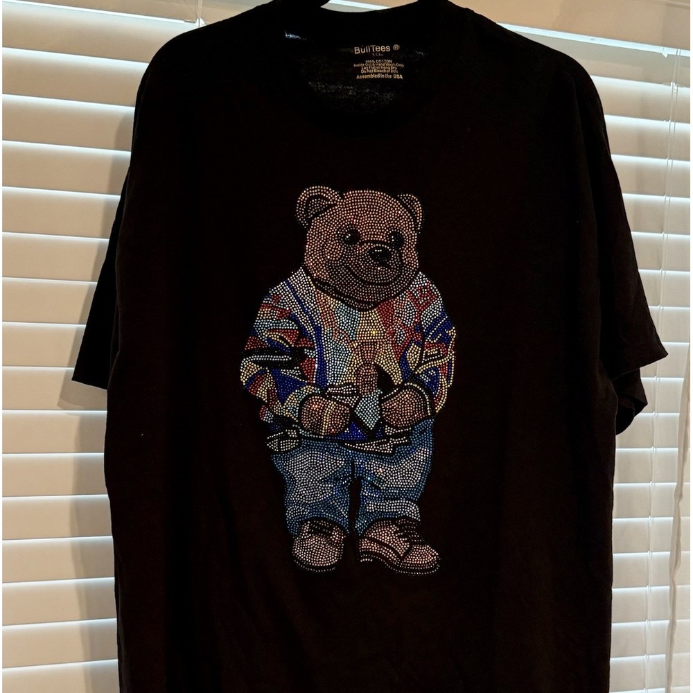 Teddy Bear Tee T Bear Hot Fix Rhinestones‎ Graphic Black T-Shirt XL 100% Cotton